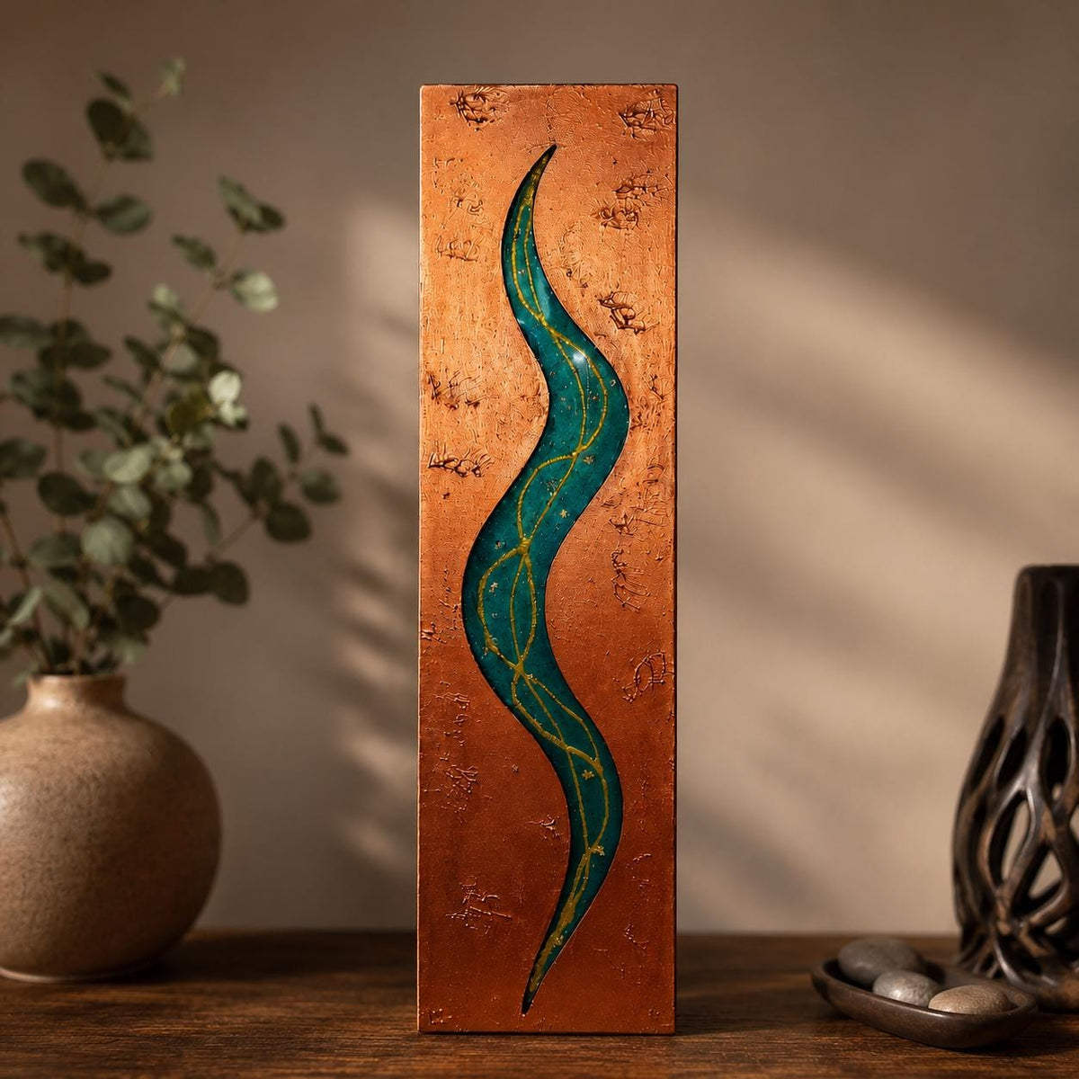 24″ Resin-Filled Wood Wall Art — Copper, Teal & Gold
