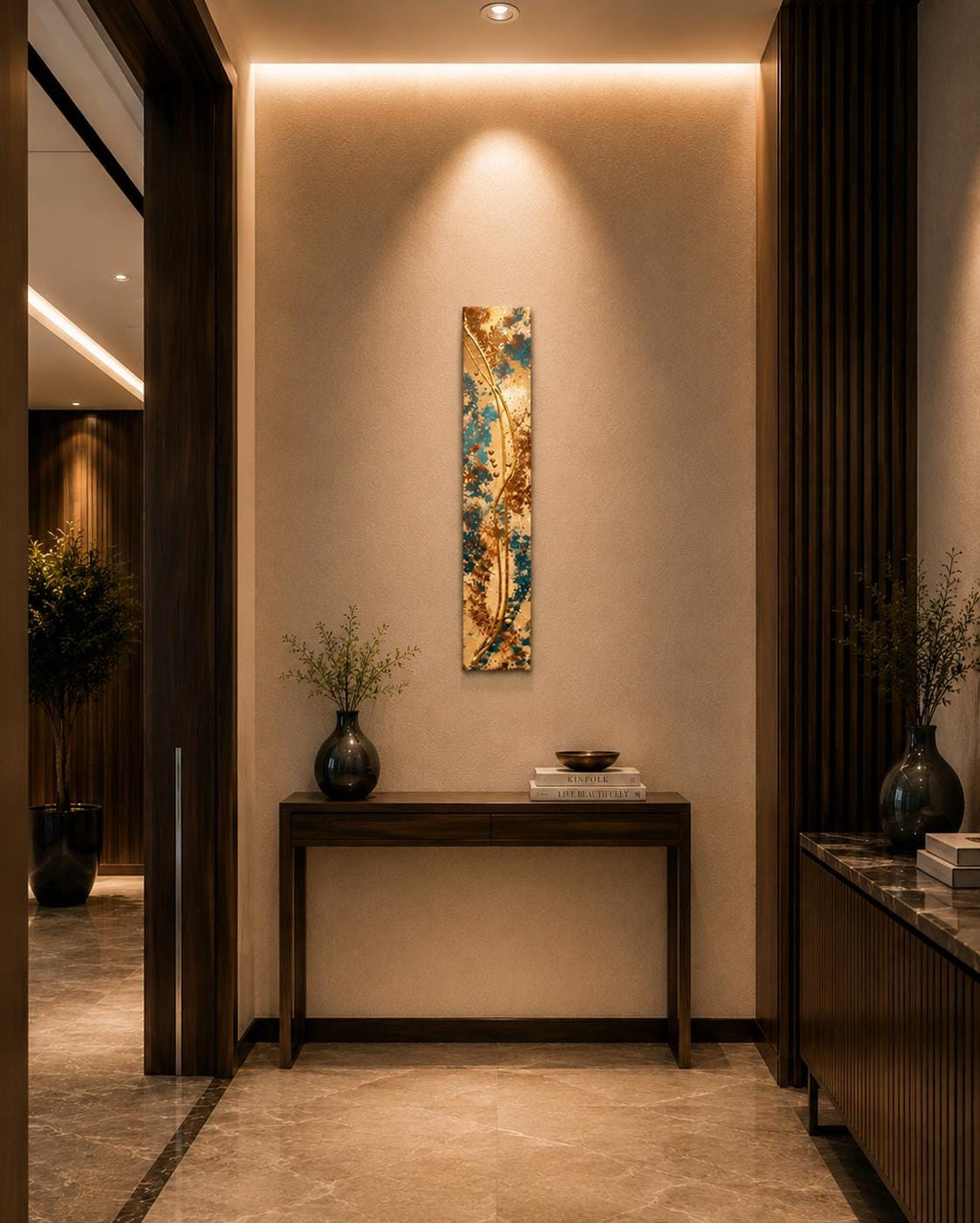 Copper Current — 24″ Textured Wood Wall Art in Teal, Copper & Gold