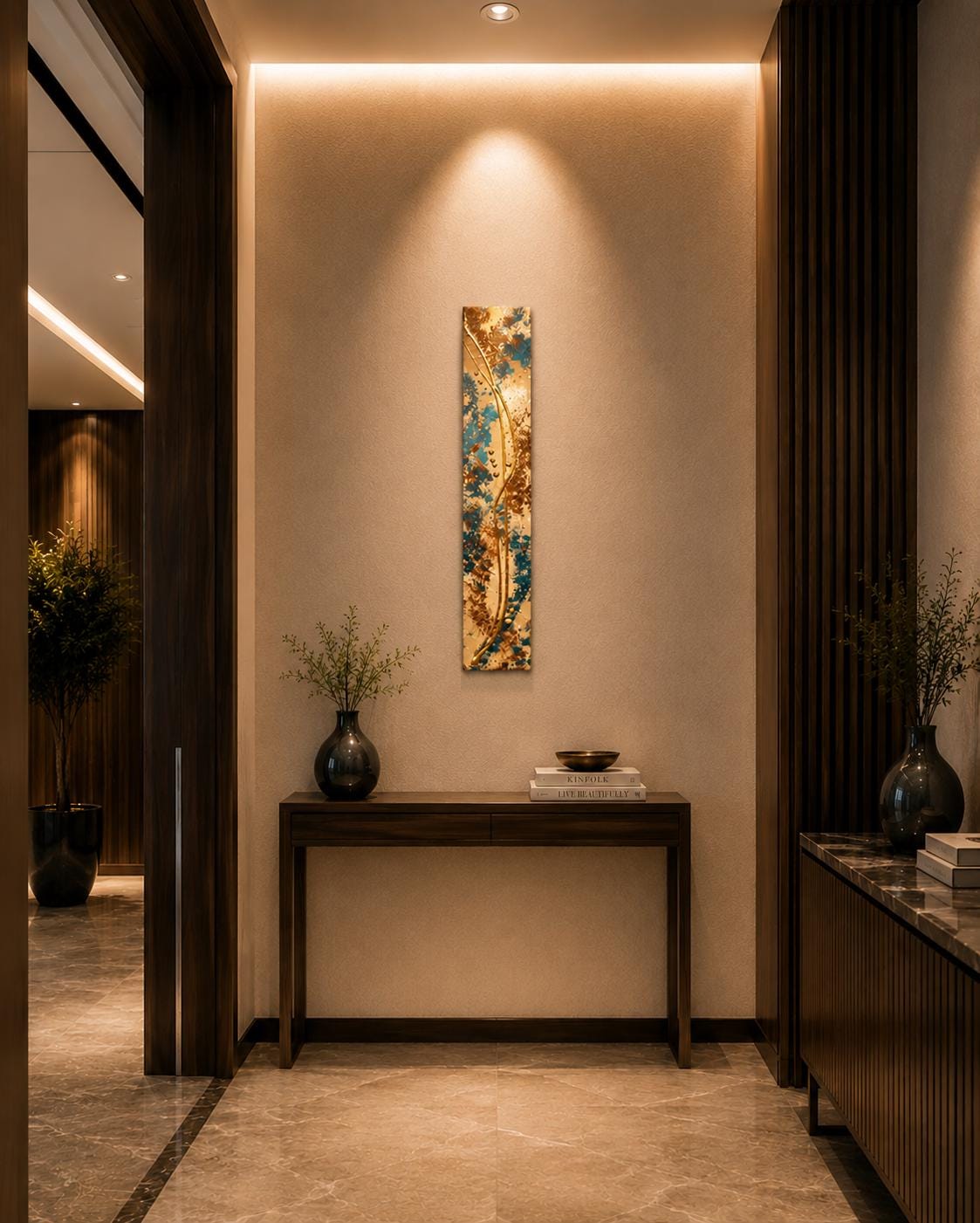 Copper Current — 24″ Textured Wood Wall Art in Teal, Copper & Gold
