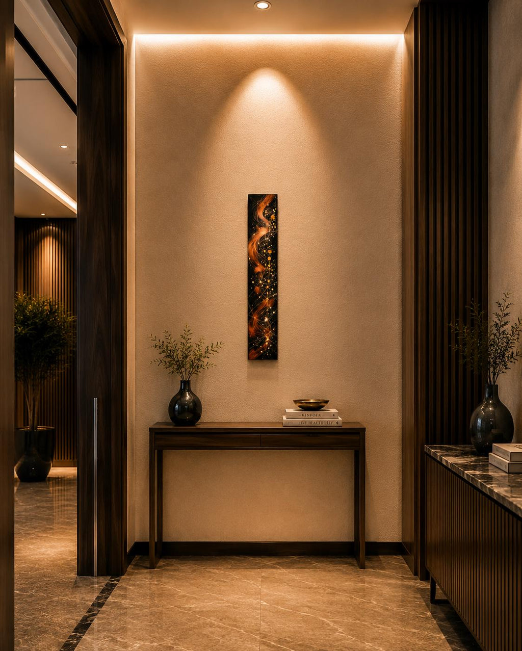 Copper Flow — 24″ Textured Wood Wall Art in Copper, Black & Gold