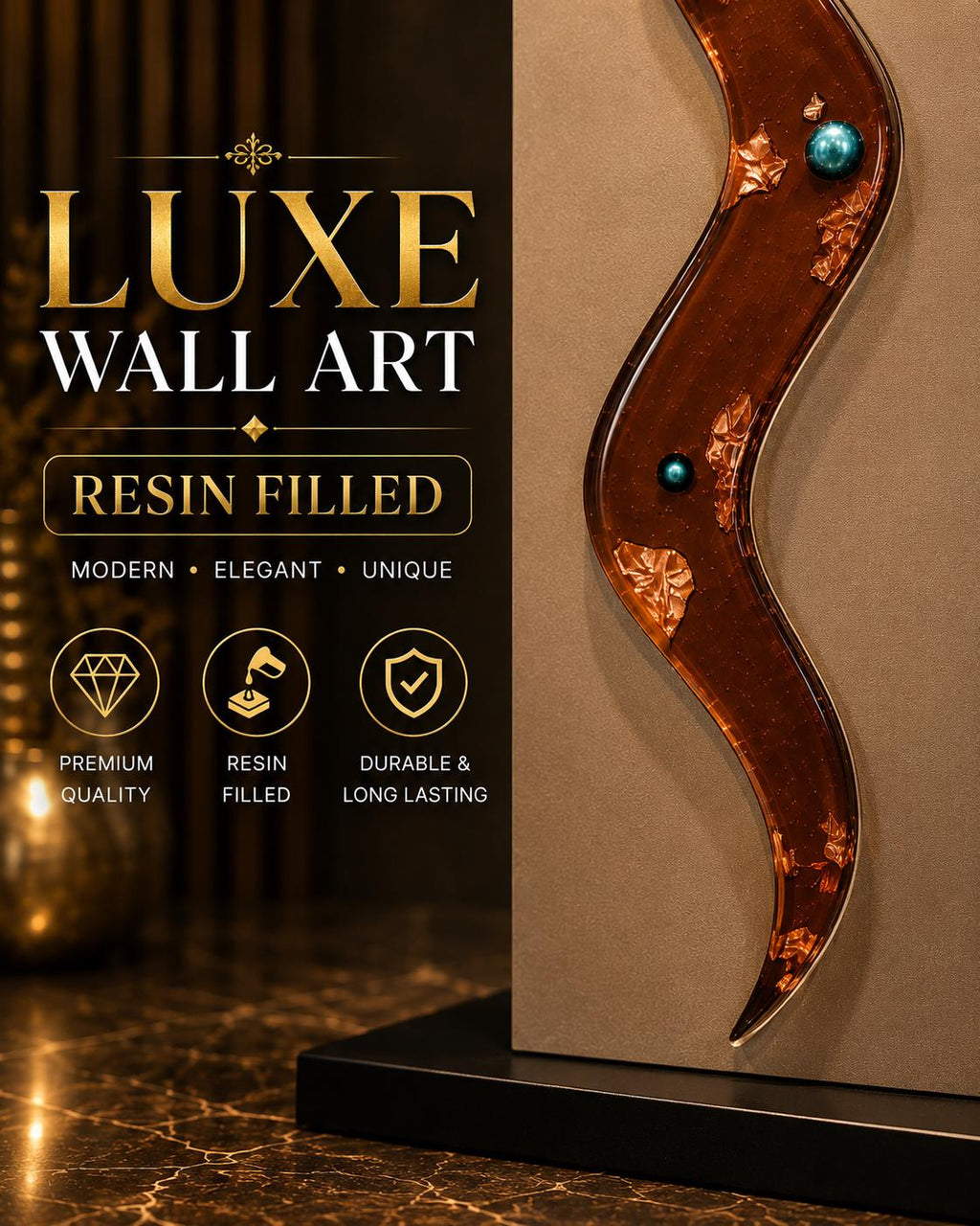 24″ Resin-Filled Wood Wall Art — Copper & Teal