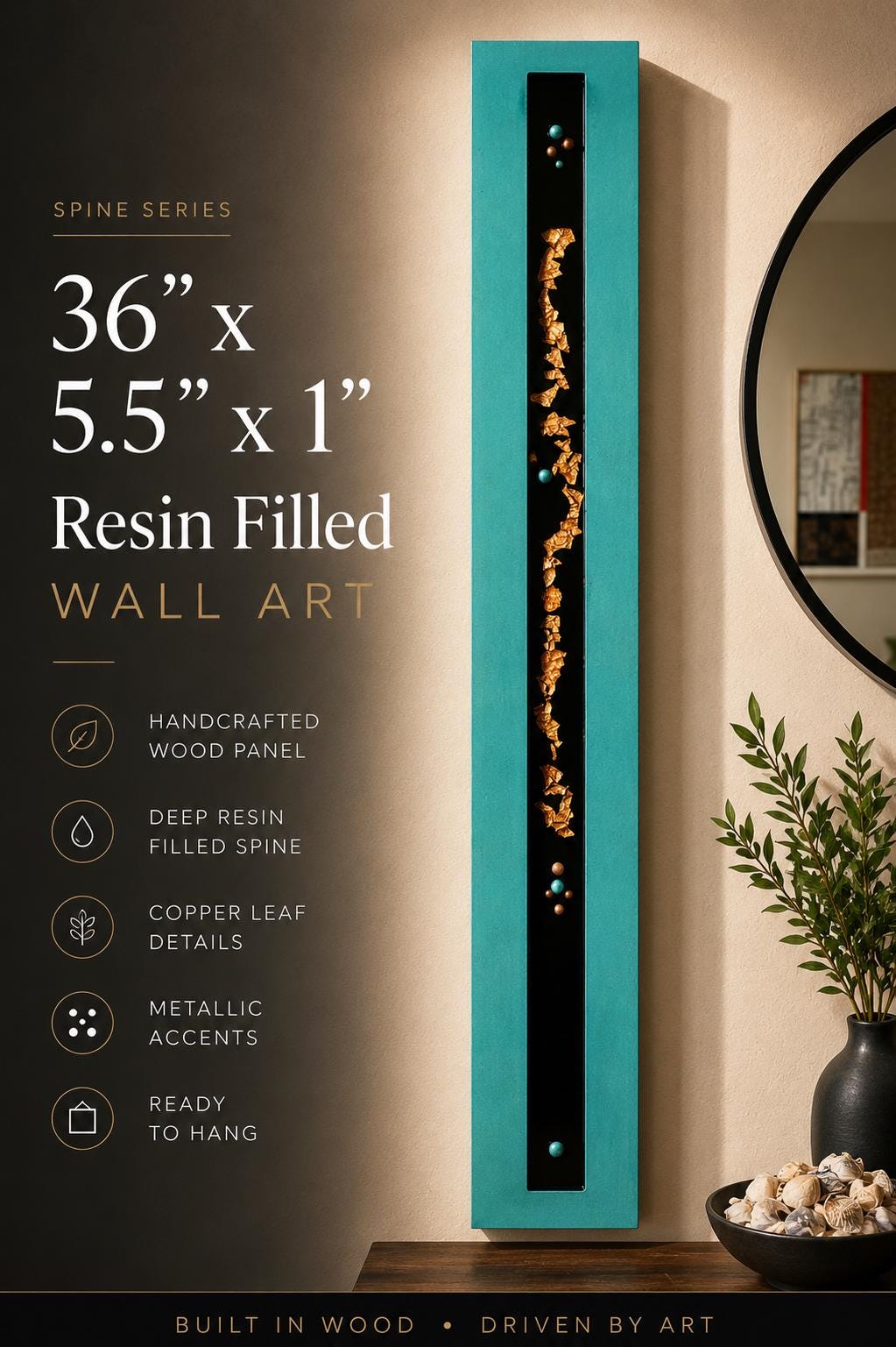 36″ Resin-Filled Wood Wall Art — Teal, Black & Copper Leaf
