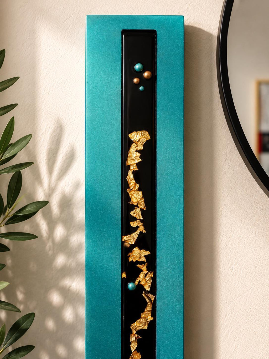 36″ Resin-Filled Wood Wall Art — Teal, Black & Copper Leaf