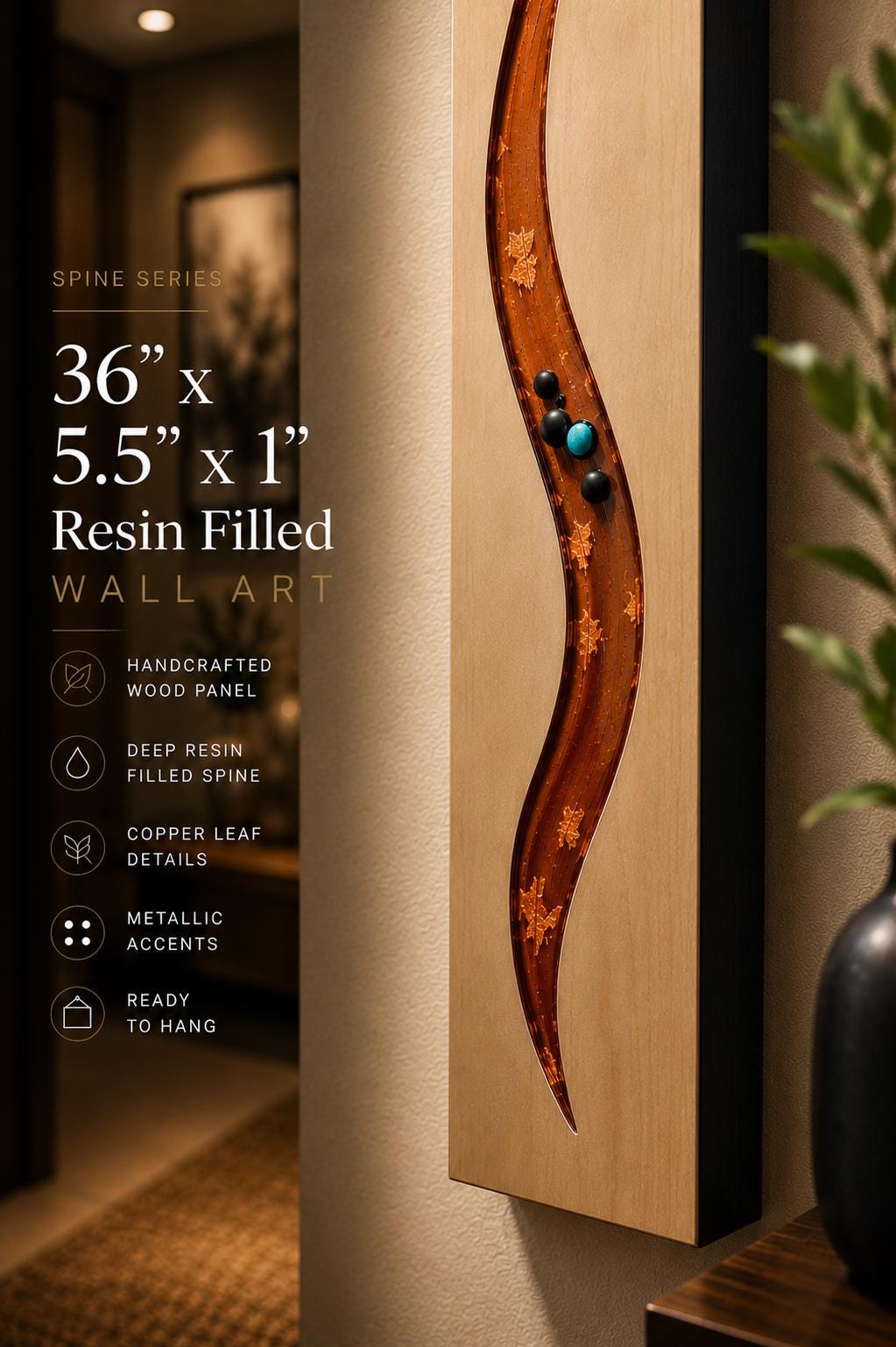 36″ Resin-Filled Wood Wall Art — Copper Curve on Natural Wood