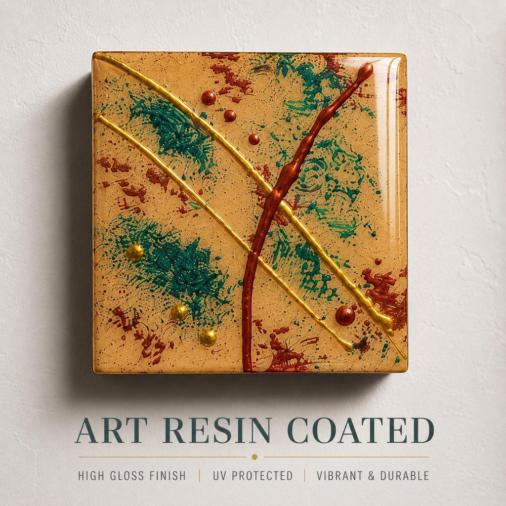 Individual Gilded Tide 4×4 wood panel with raised gold and copper lines over teal textures