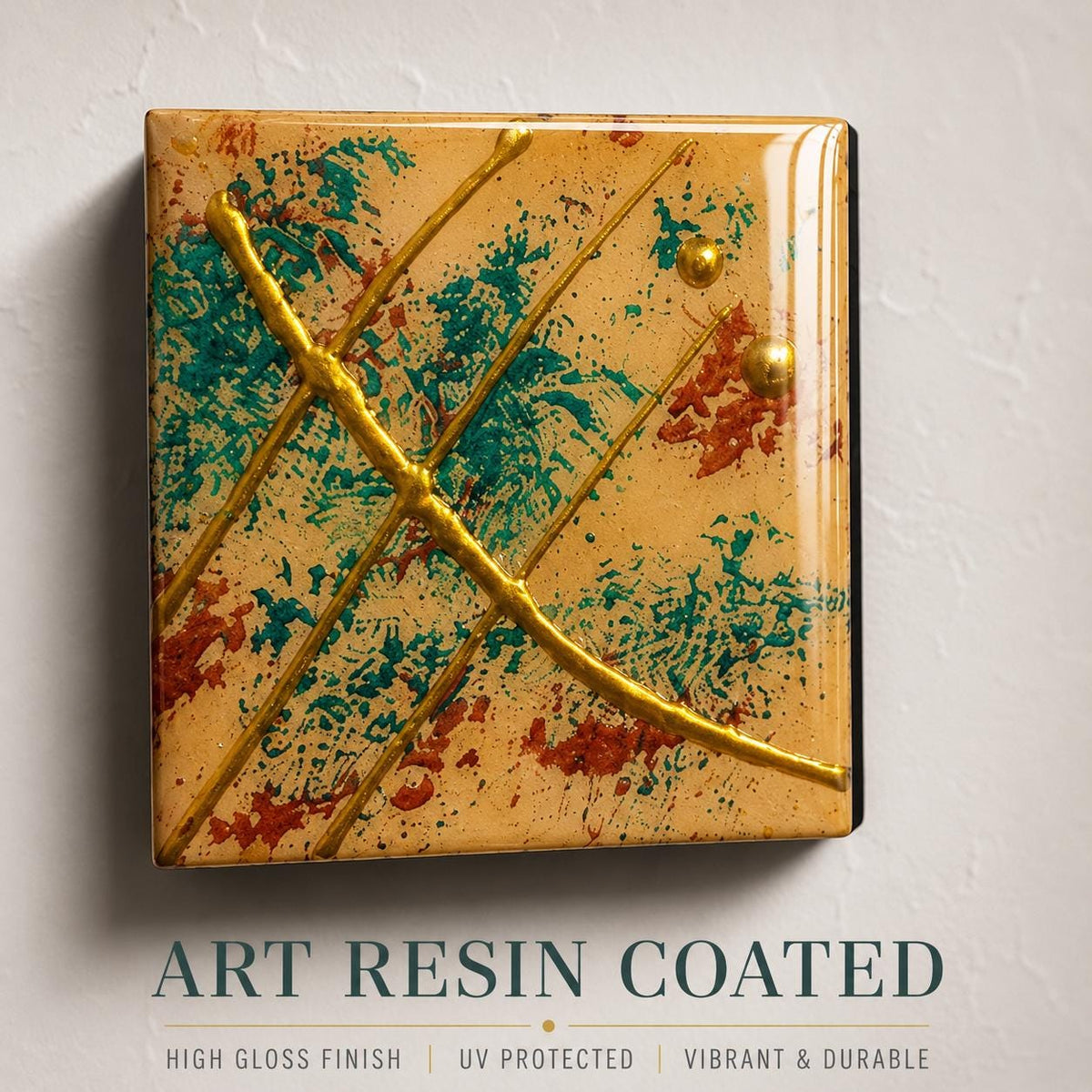 Individual Gilded Tide 4×4 wood panel with sweeping raised gold lines and teal textures