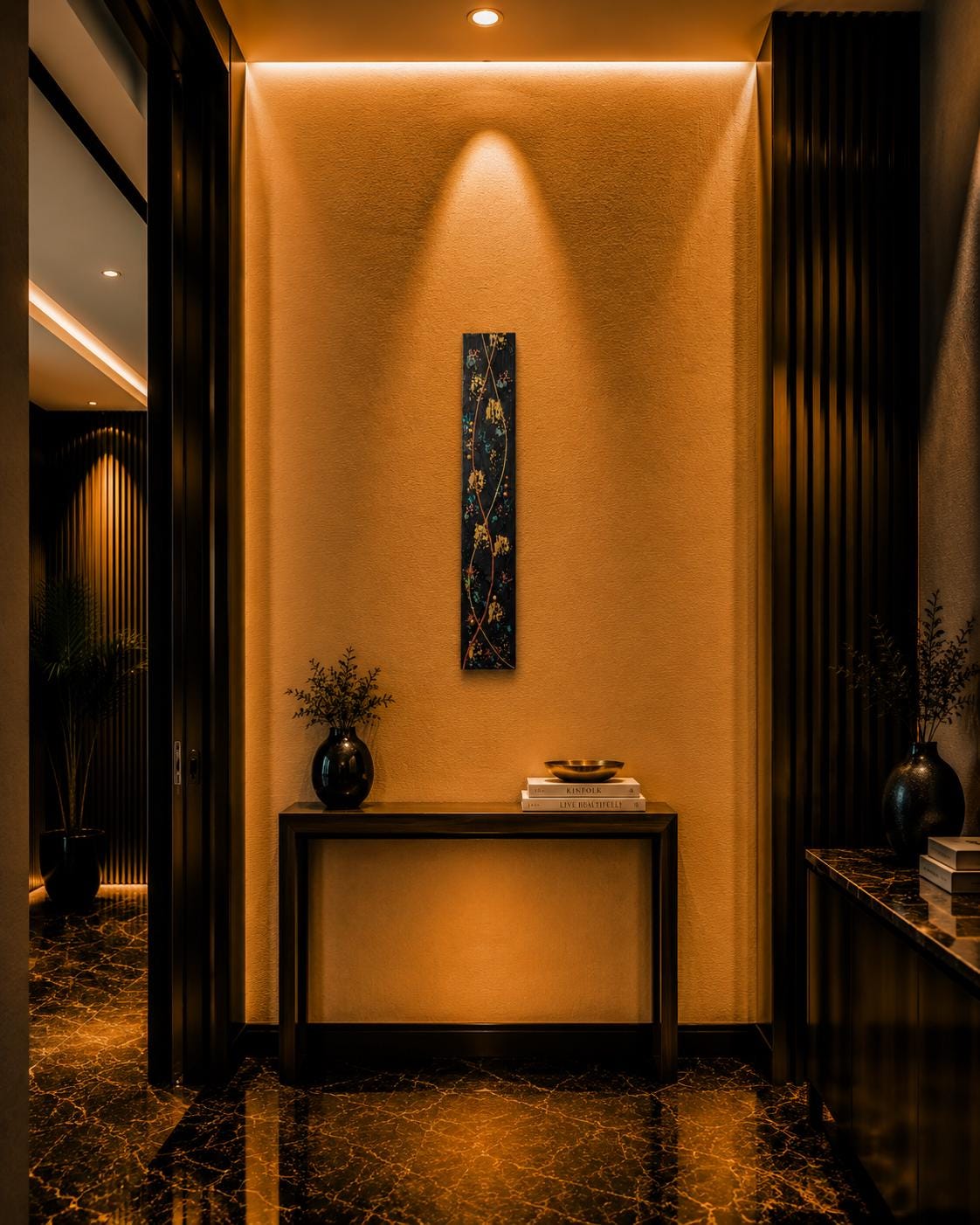 Copper Flow — 36″ Textured Wood Wall Art in Black, Copper & Gold