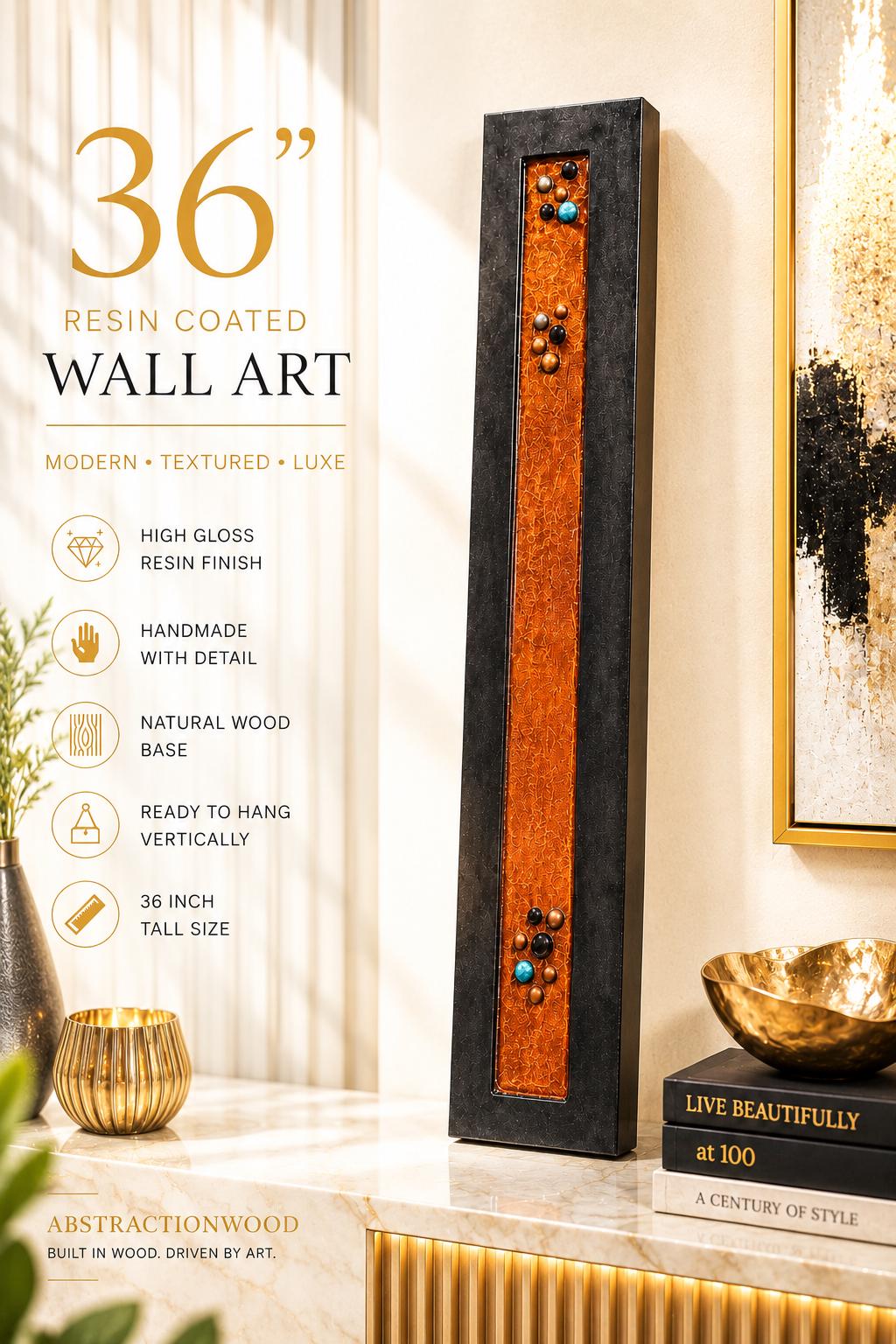 36″ Resin-Filled Wood Wall Art — Copper, Black & Turquoise
