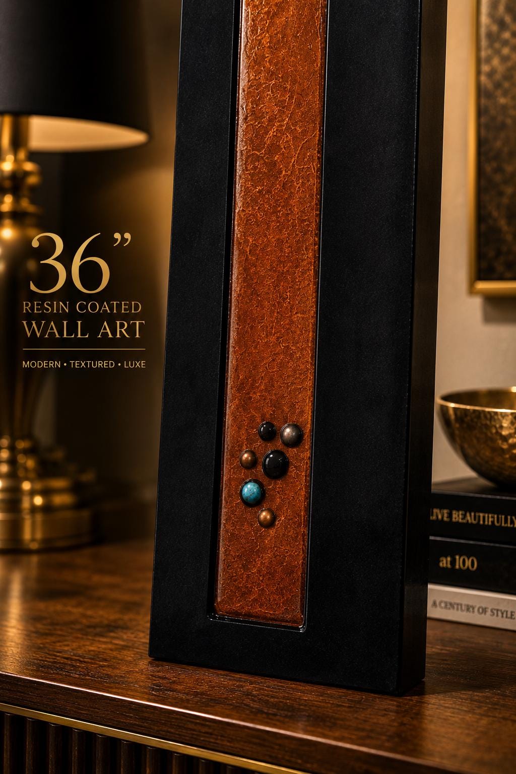 36″ Resin-Filled Wood Wall Art — Copper, Black & Turquoise