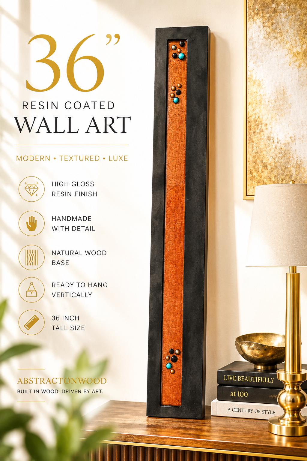 36″ Resin-Filled Wood Wall Art — Copper, Black & Turquoise