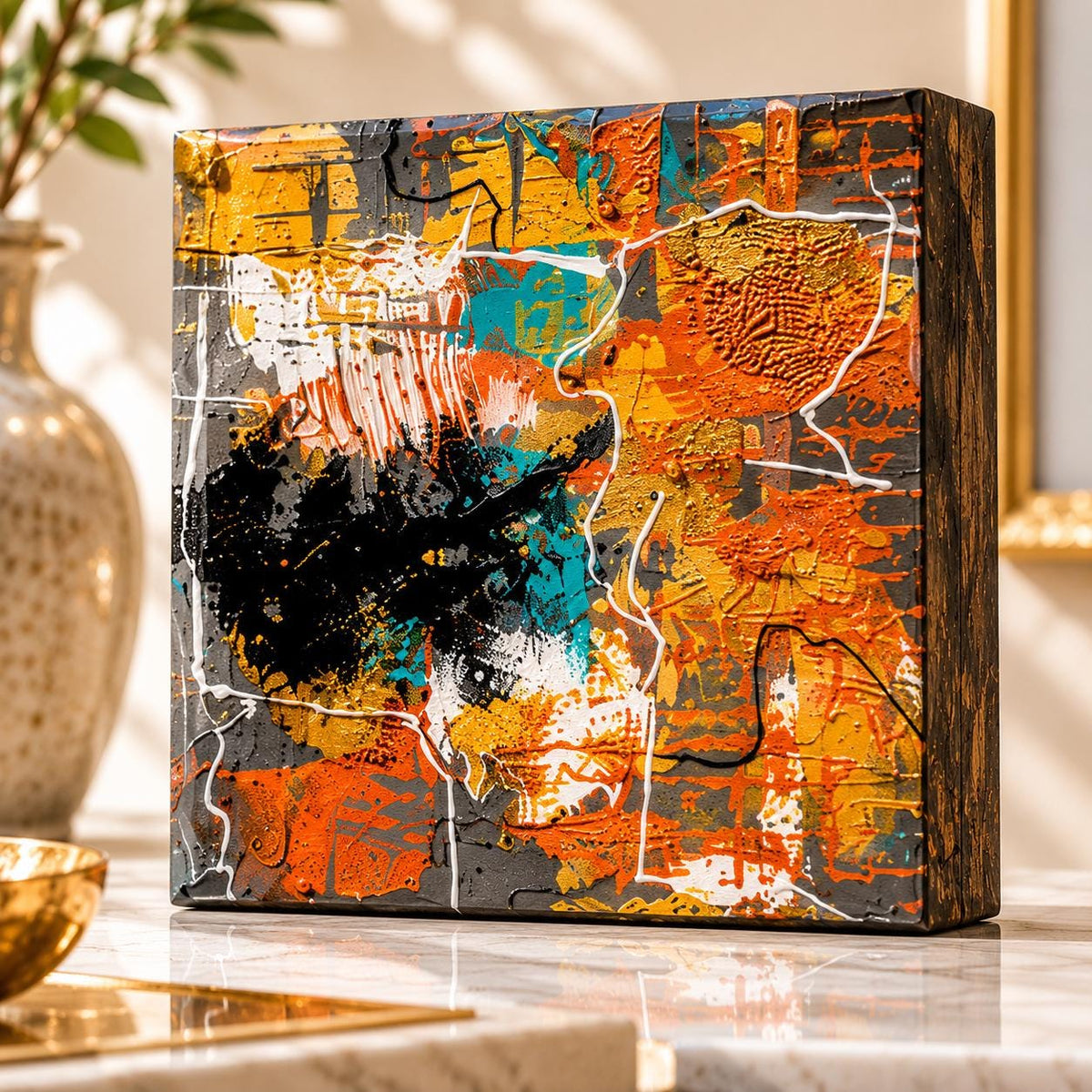 Individual Urban Alloy 4×4 abstract wood panel with copper, gold, teal, black and white textures