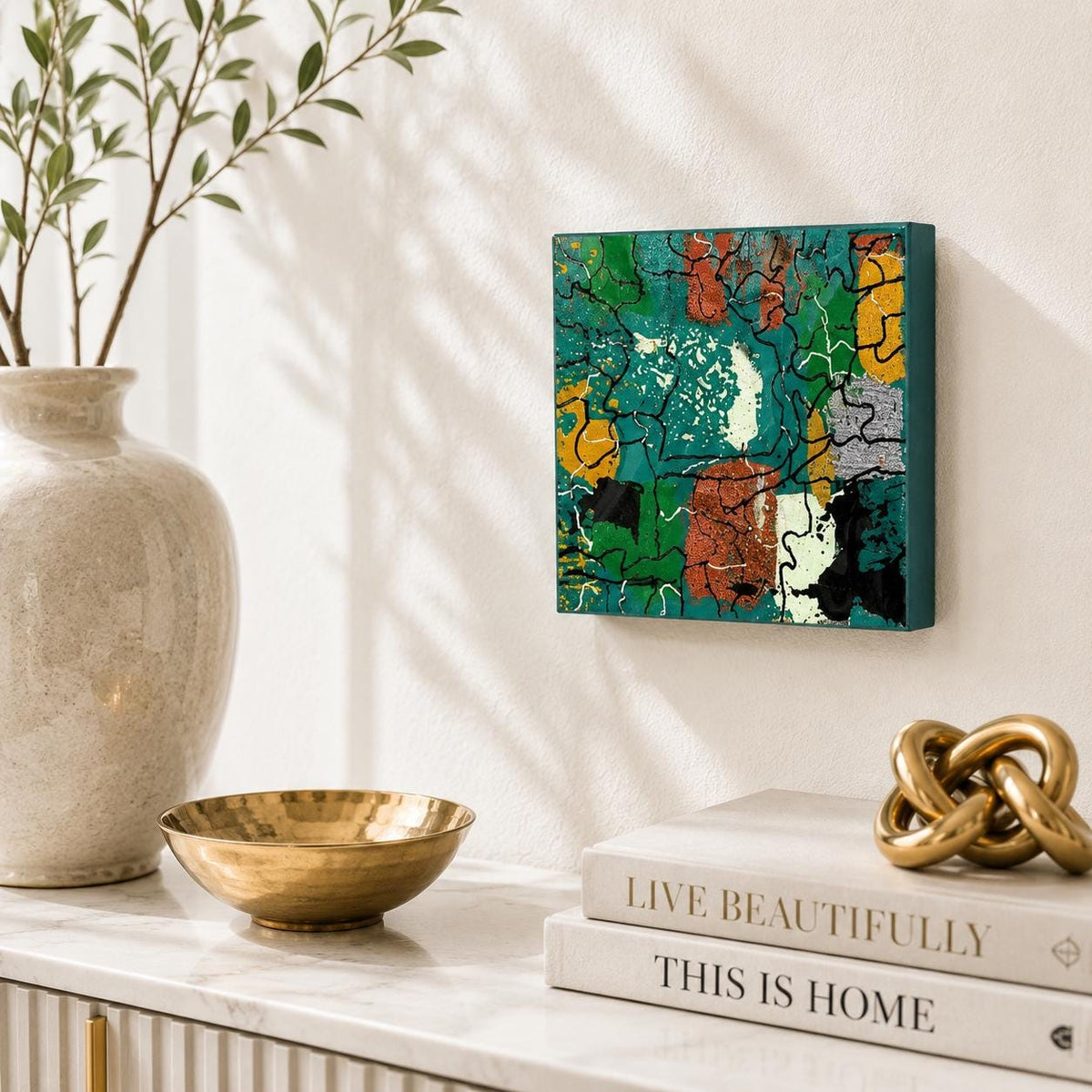 Individual Emerald Mosaic 4×4 wood panel with layered green, teal, copper, gold and silver forms