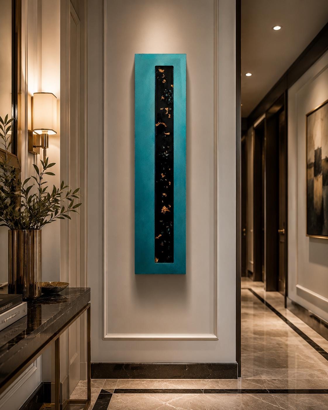 24″ Resin-Filled Wood Wall Art — Teal, Copper Leaf & Crushed Glass