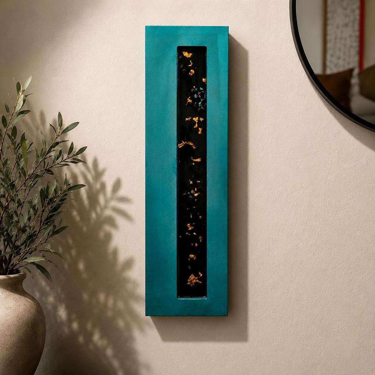 24″ Resin-Filled Wood Wall Art — Teal, Copper Leaf & Crushed Glass