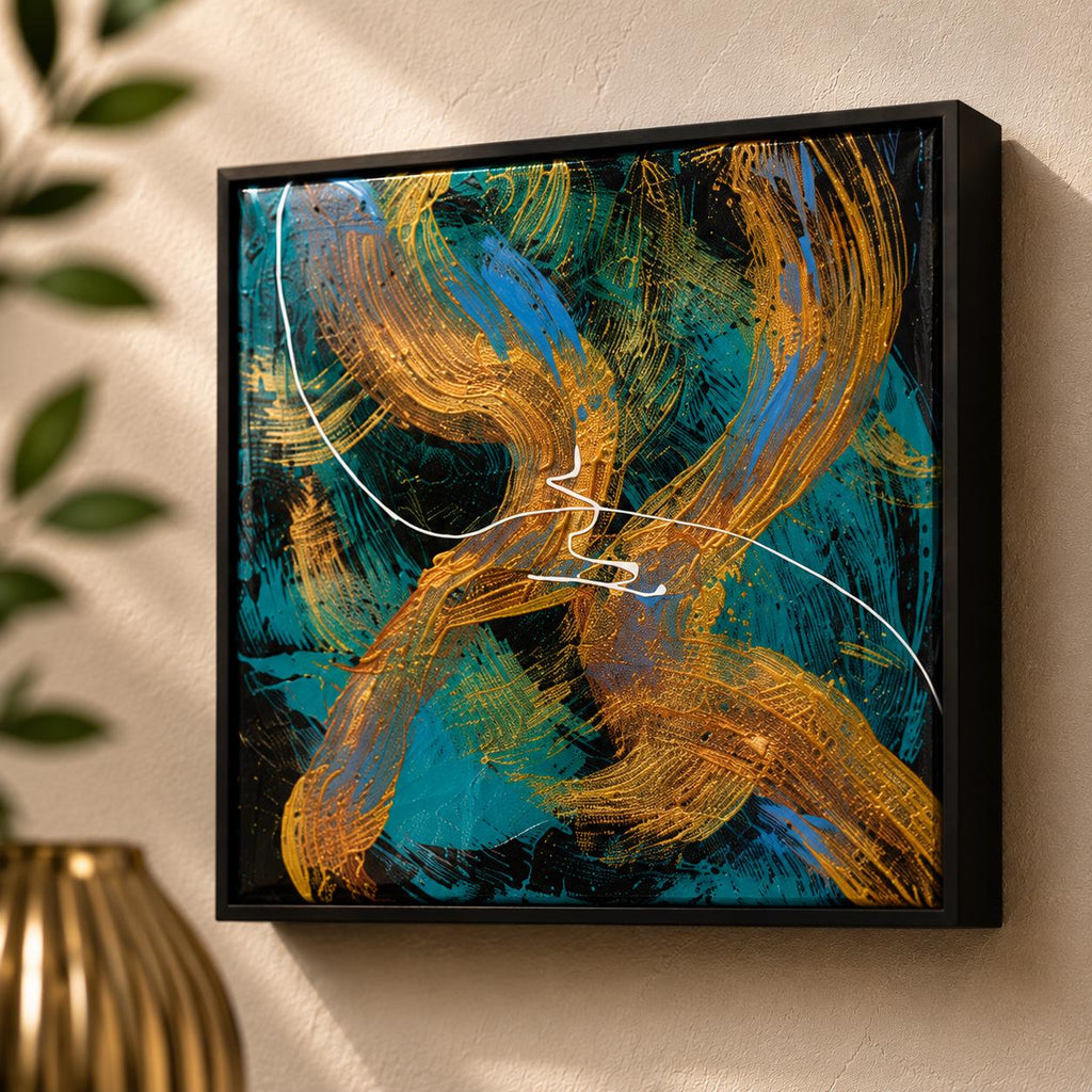 Individual Midnight Current 4×4 wood panel with sweeping teal, blue and metallic-gold brushwork on black