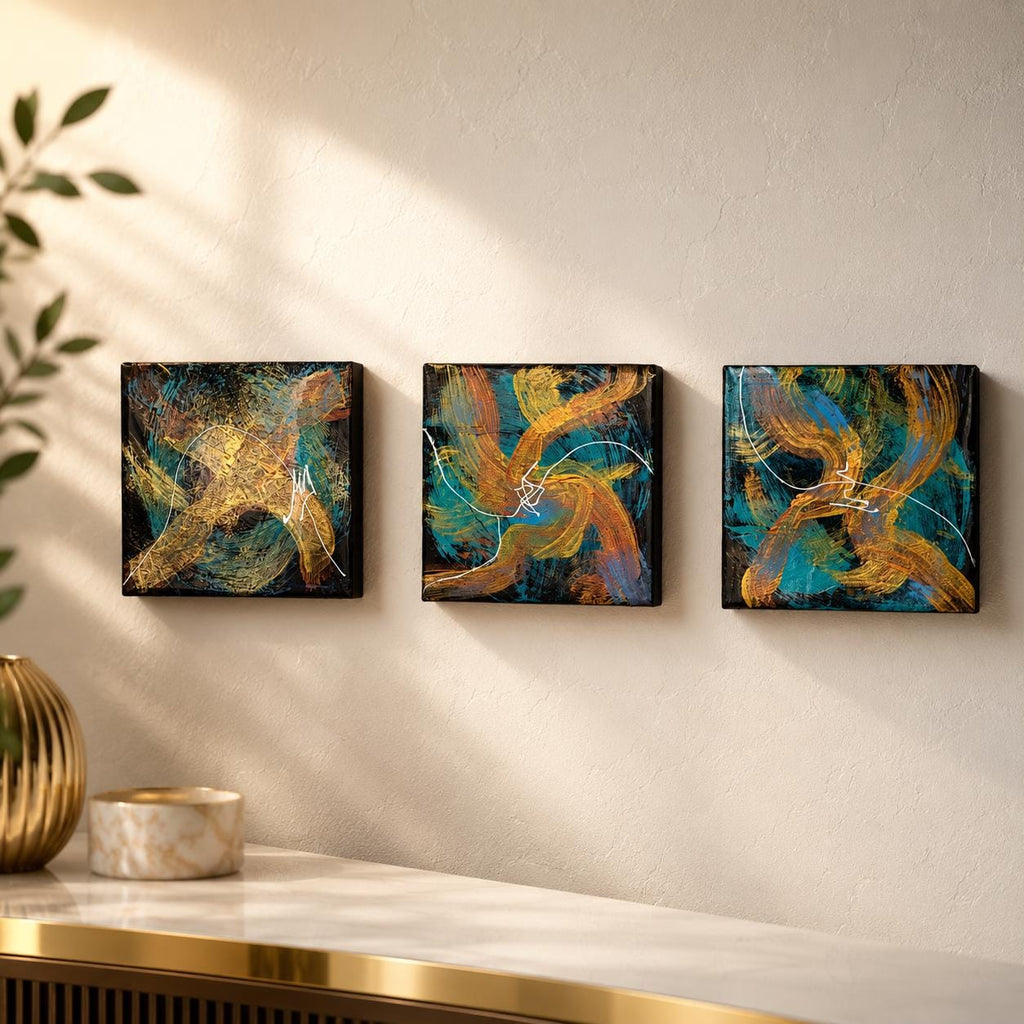 Midnight Current set of three 4×4 abstract wood panels displayed together on a wall