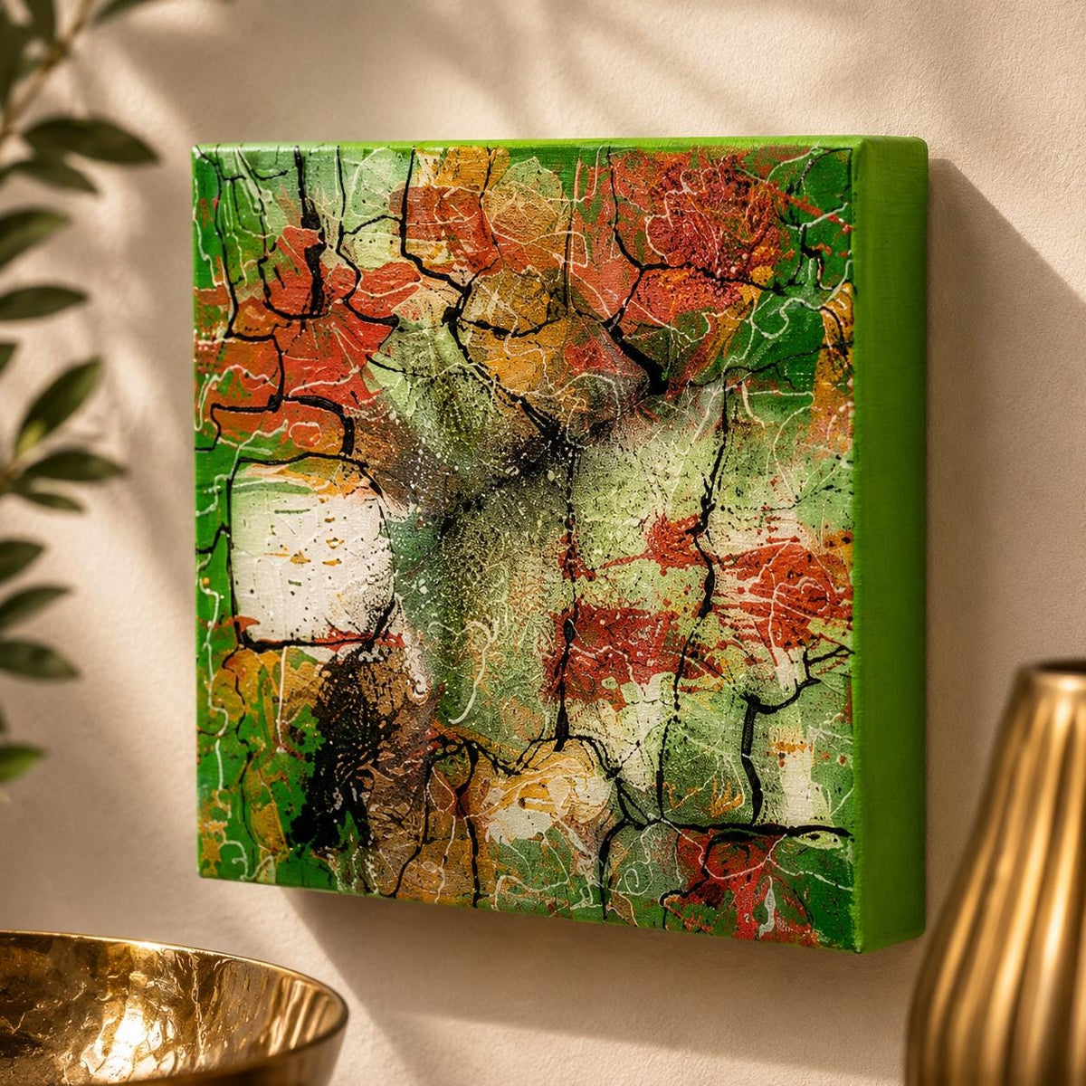 Individual Spring Mosaic 4×4 wood panel with green, copper, cream and gold organic abstract forms