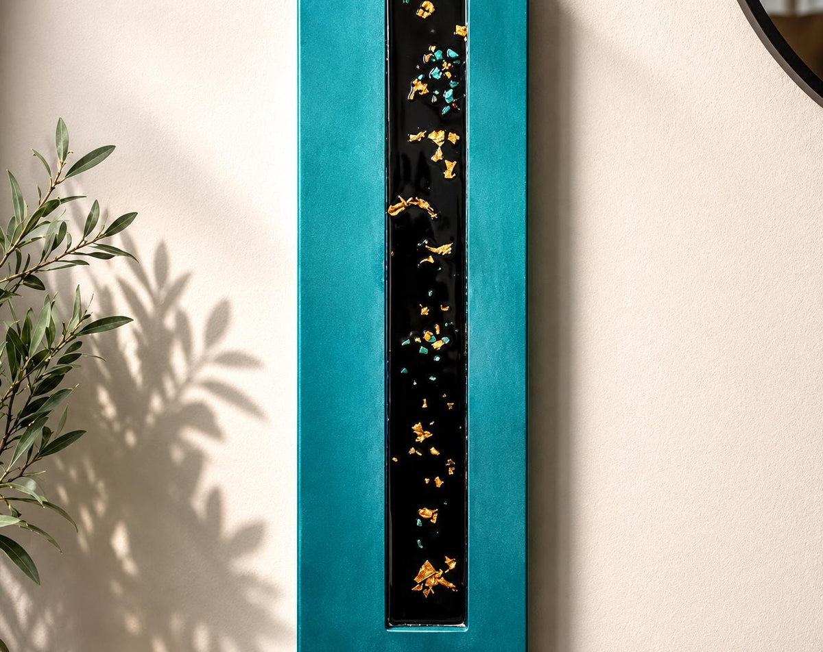 24″ Resin-Filled Wood Wall Art — Teal, Copper Leaf & Crushed Glass