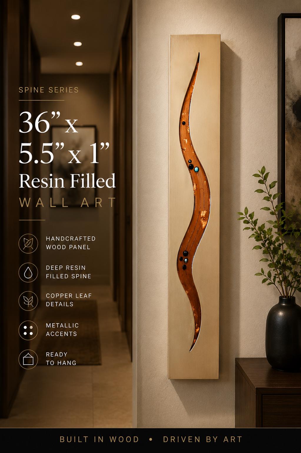 36″ Resin-Filled Wood Wall Art — Copper Curve on Natural Wood