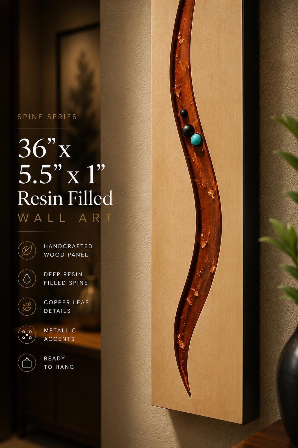 36″ Resin-Filled Wood Wall Art — Copper Curve on Natural Wood