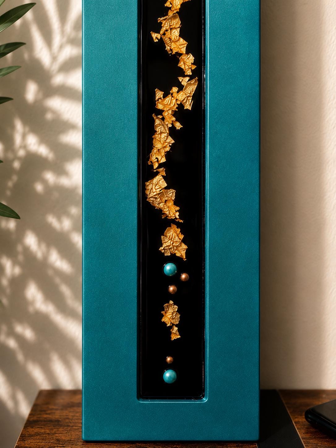 36″ Resin-Filled Wood Wall Art — Teal, Black & Copper Leaf