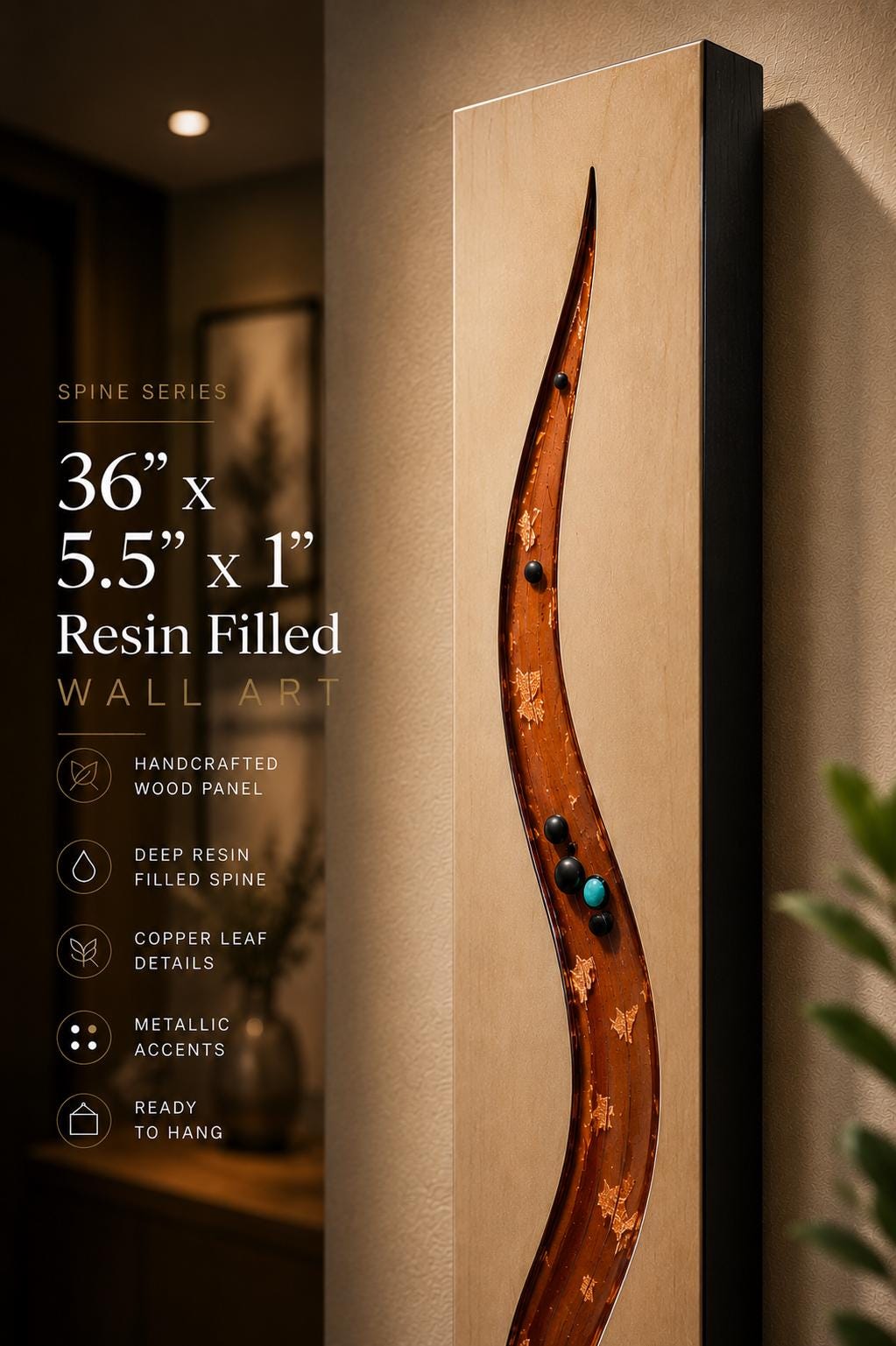 36″ Resin-Filled Wood Wall Art — Copper Curve on Natural Wood