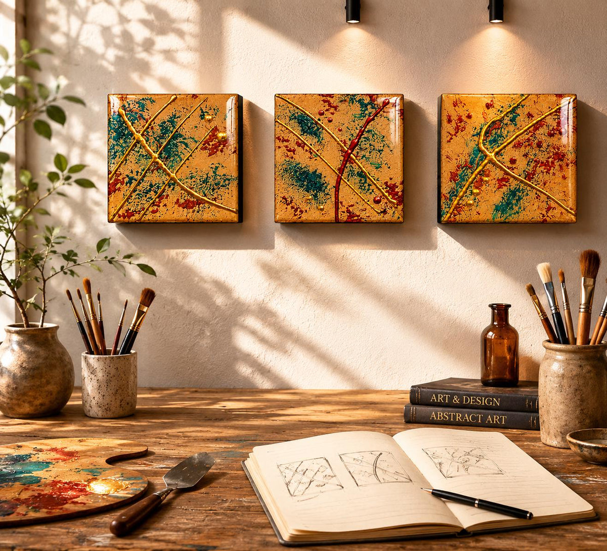 Three Gilded Tide 4×4 resin-coated wood panels displayed above an artist’s worktable