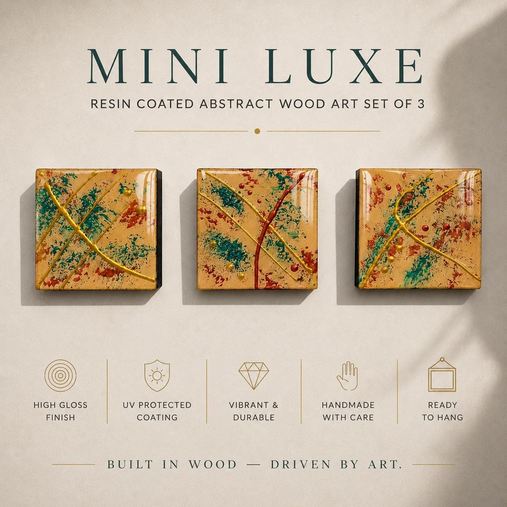 Gilded Tide set of three 4×4 abstract wood panels with gold, teal and copper details
