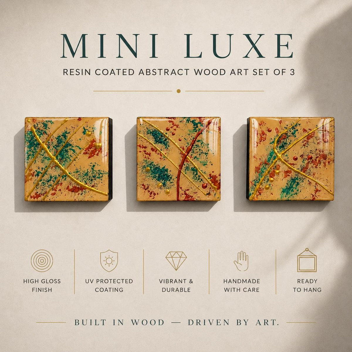 Gilded Tide set of three 4×4 abstract wood panels with gold, teal and copper details