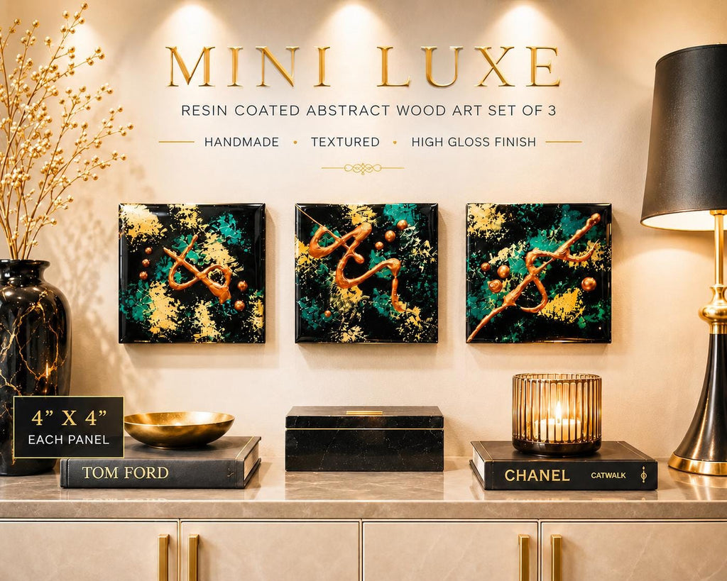 Three Copper Current 4×4 resin-coated abstract wood panels displayed in a row above a console