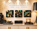 Three Copper Current 4×4 resin-coated abstract wood panels displayed in a row above a console
