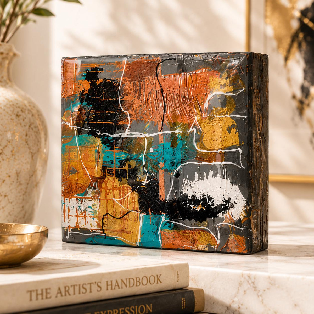 Individual Urban Alloy 4×4 wood panel with copper, teal, charcoal, black and white abstract details