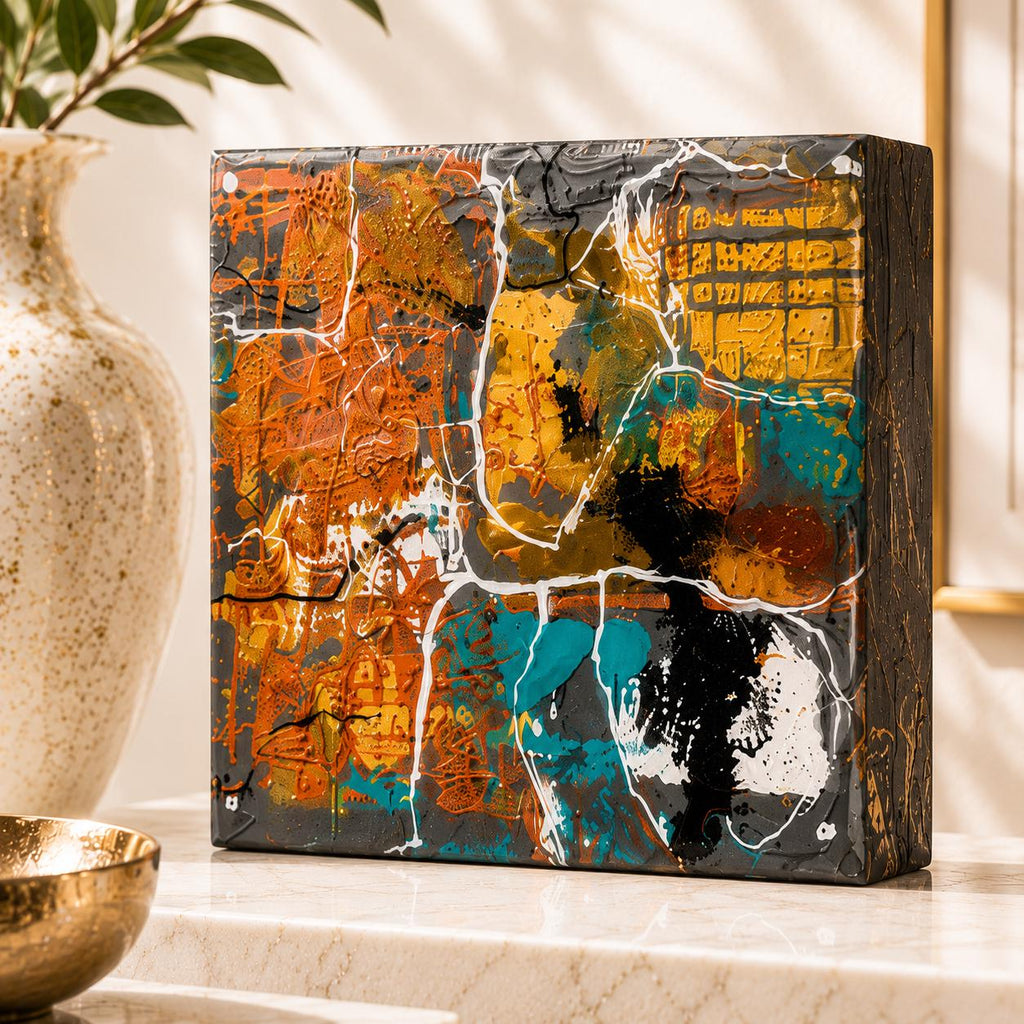 Individual Urban Alloy 4×4 wood panel with copper, gold and teal textures divided by white lines