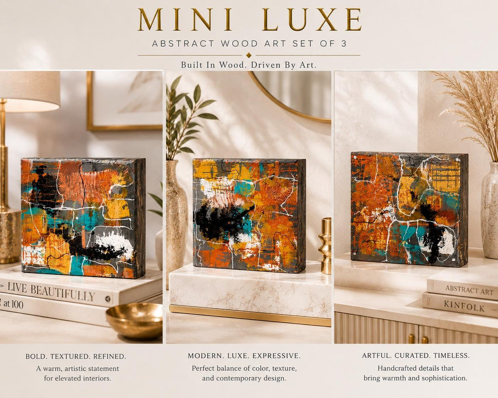 Urban Alloy set of three 4×4 abstract wood panels shown individually in styled interiors