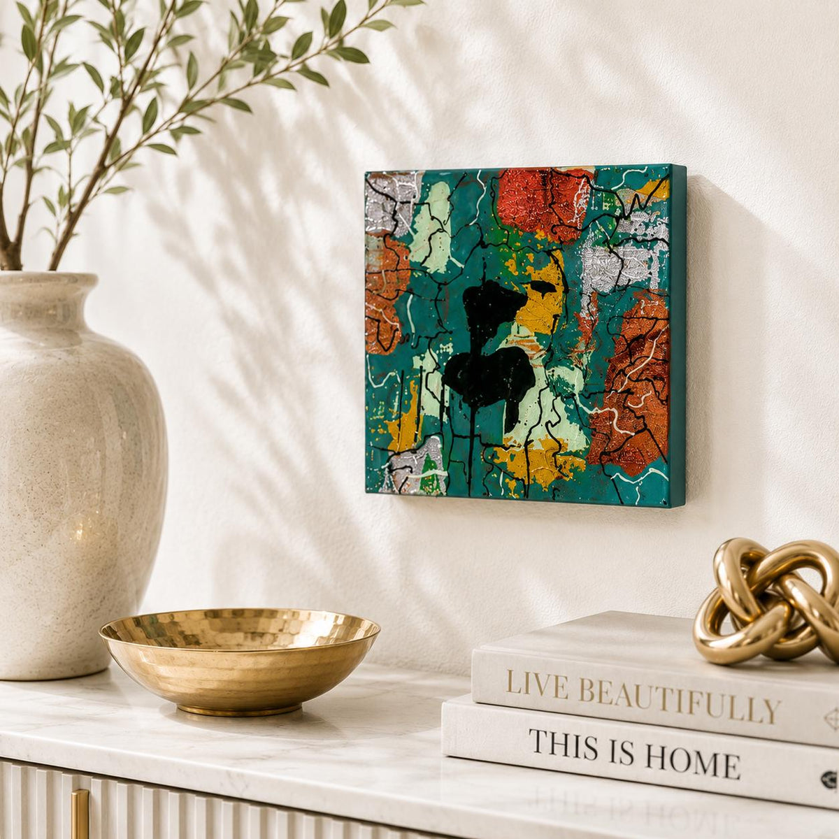 Individual Emerald Mosaic 4×4 wood panel with teal, copper, gold, silver and black abstract details