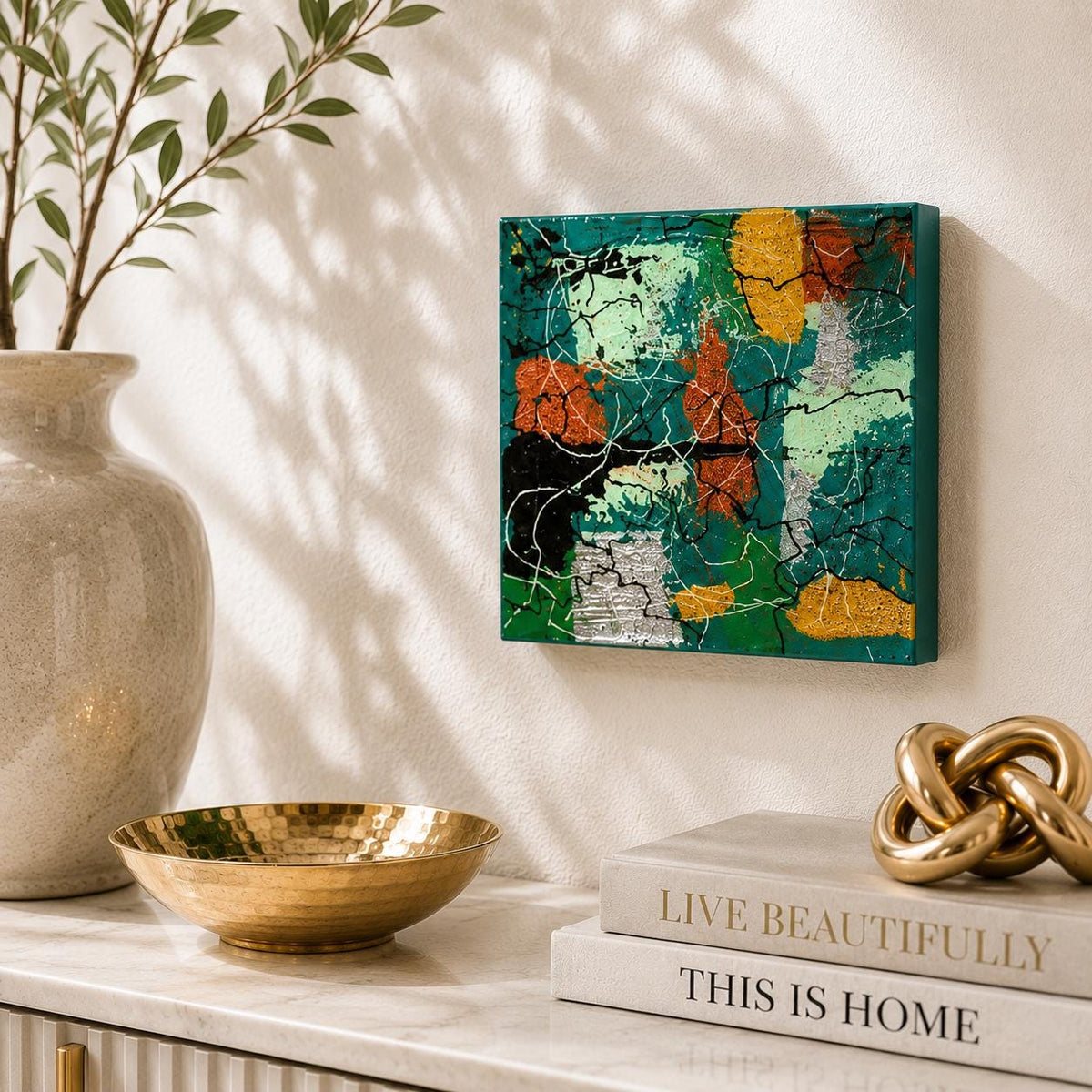 Individual Emerald Mosaic 4×4 wood panel with emerald, mint, copper, silver and gold textures