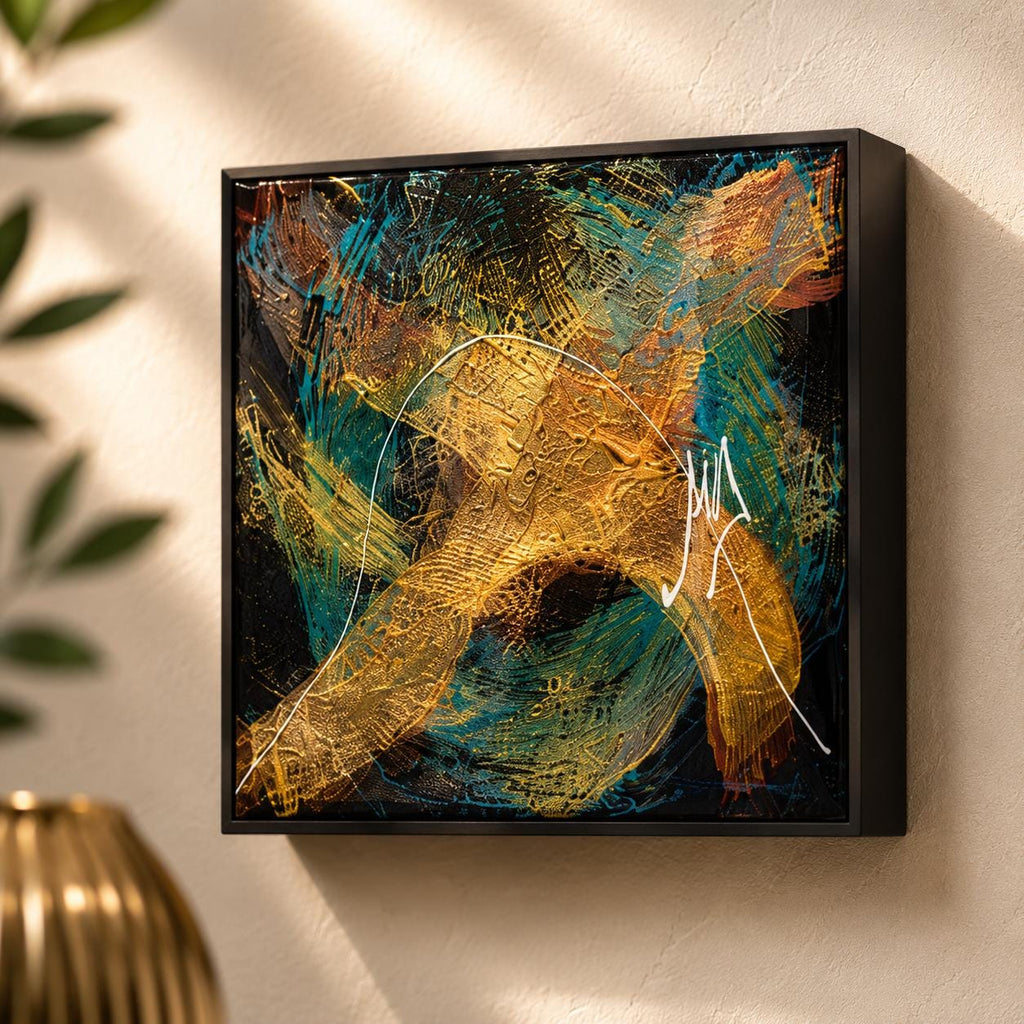 Individual Midnight Current 4×4 wood panel with a textured gold arc over teal and black brushwork