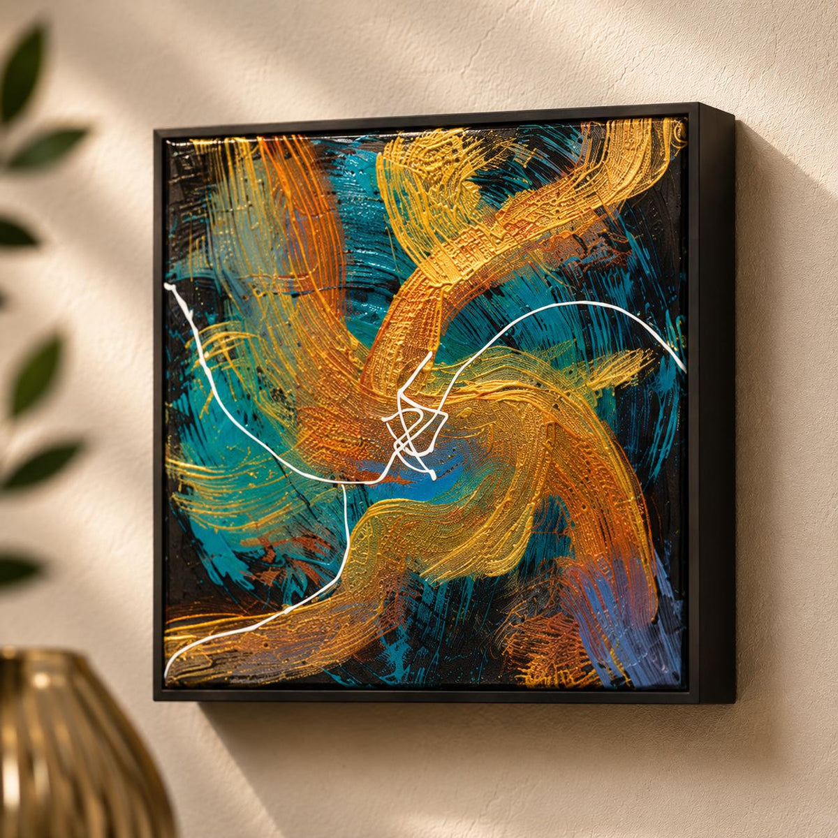 Individual Midnight Current 4×4 wood panel with flowing copper-gold, teal and blue forms on black