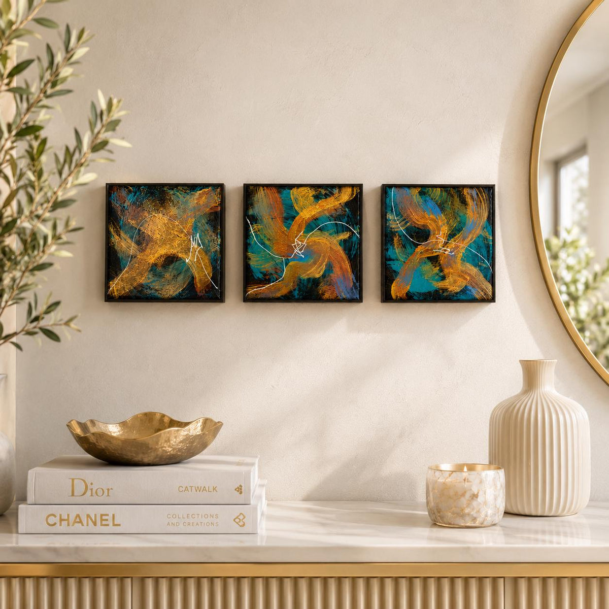 Three Midnight Current 4×4 abstract wood panels displayed in a row above a console