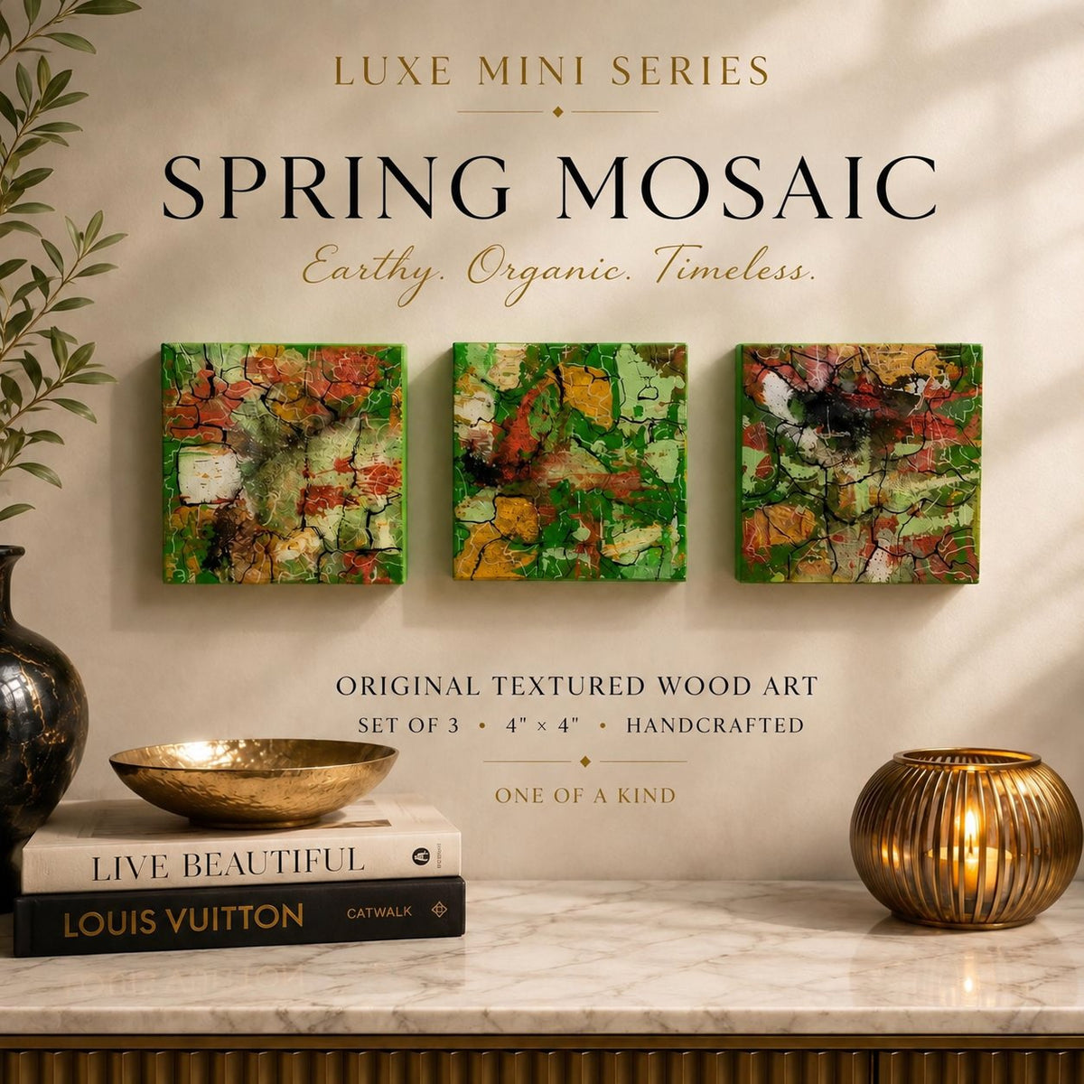 Spring Mosaic set of three 4×4 textured abstract wood panels displayed together above a console
