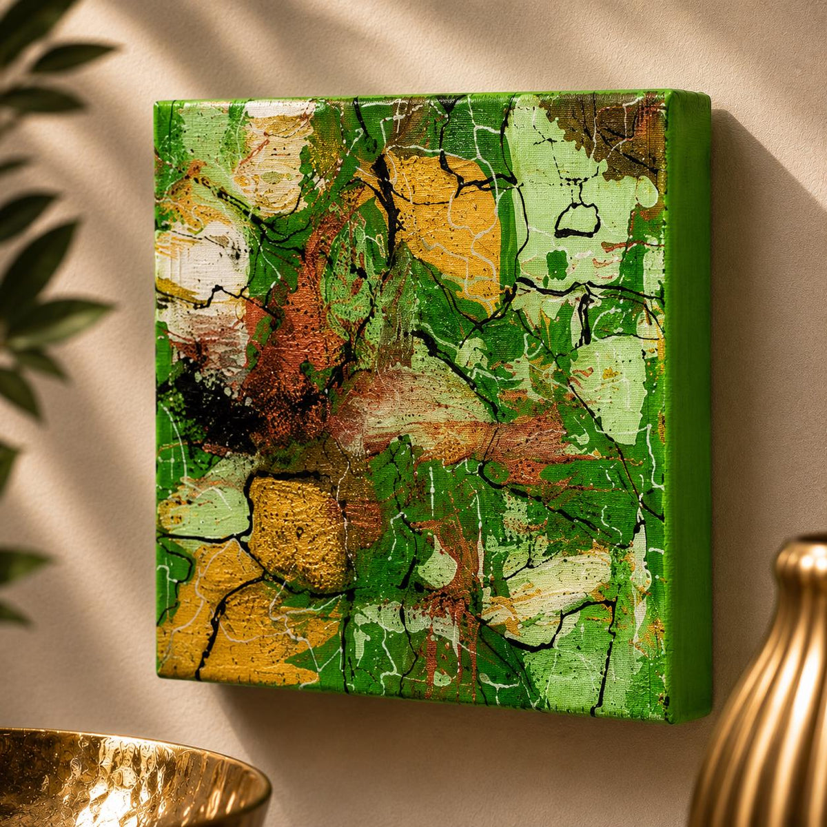 Individual Spring Mosaic 4×4 wood panel with green, cream, copper and gold mosaic-like textures