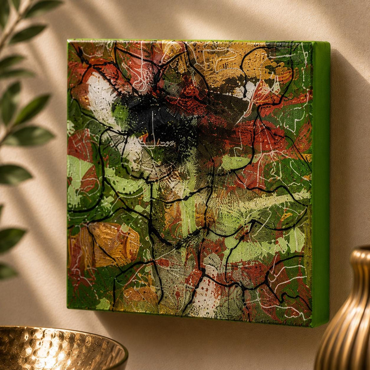 Individual Spring Mosaic 4×4 wood panel with layered green, copper, gold, cream and black textures