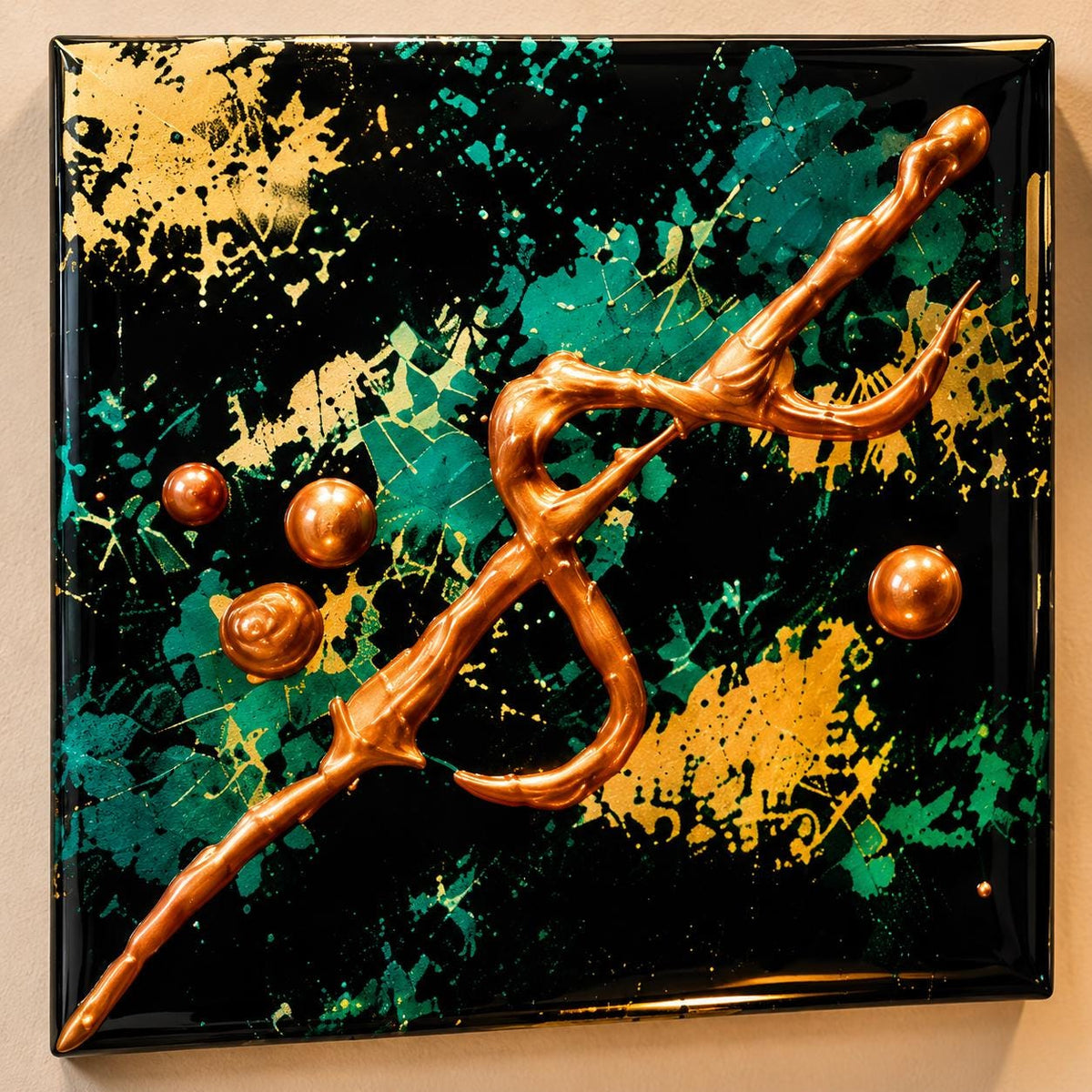 Close-up of a Copper Current panel with diagonal raised copper forms, teal textures and gold accents on black