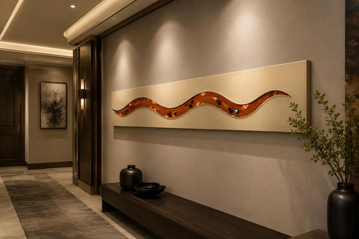 36″ Resin-Filled Wood Wall Art — Copper Curve on Natural Wood