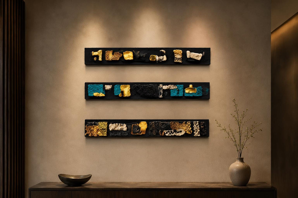 Set of Three 36″ Abstract Wood Wall Panels — Black, Teal, Copper & Gold