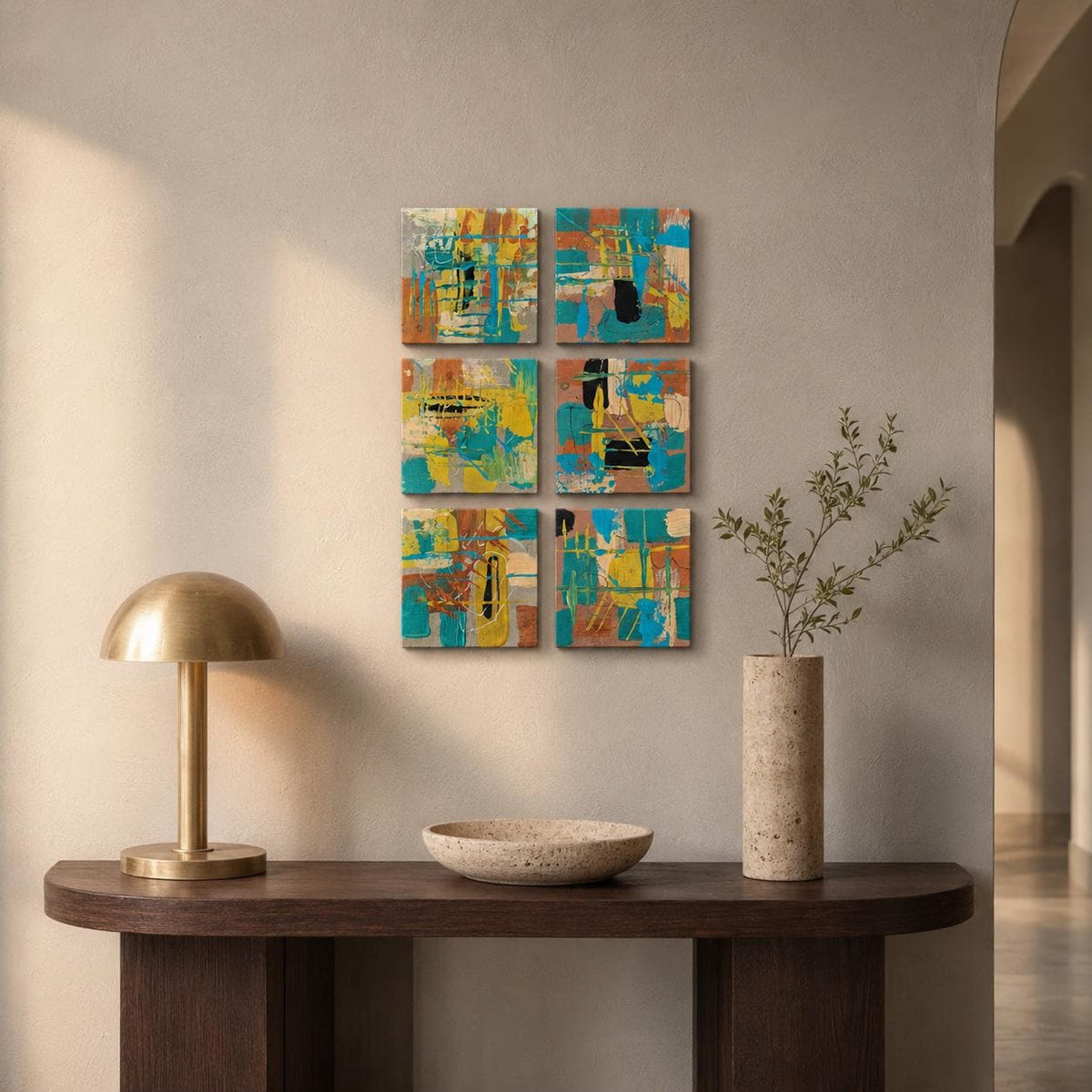 Six Copper Horizon 4×4 abstract wood panels displayed in three rows of two above an entryway console