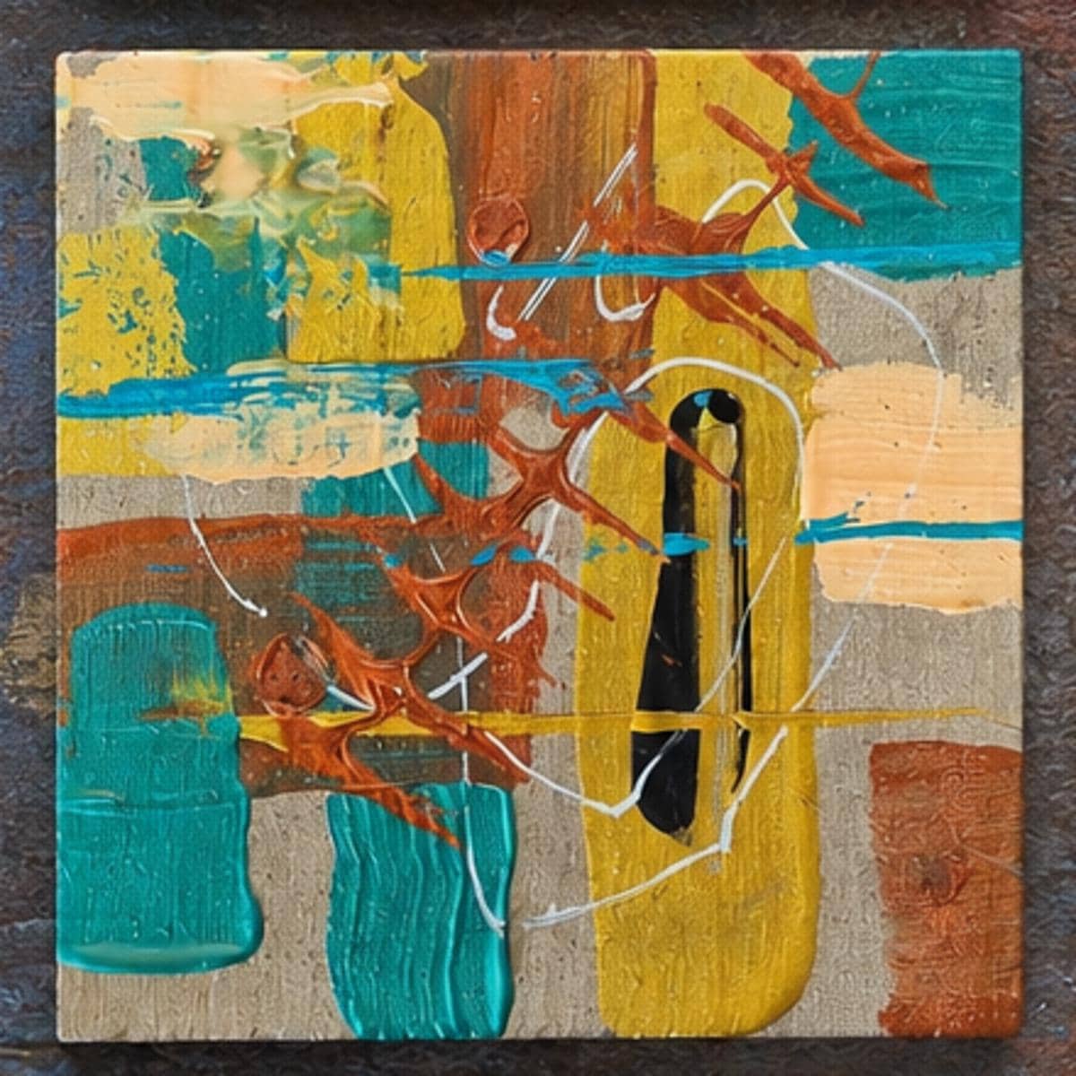 Individual Copper Horizon 4×4 wood panel with turquoise, copper, yellow, cream and black abstract forms
