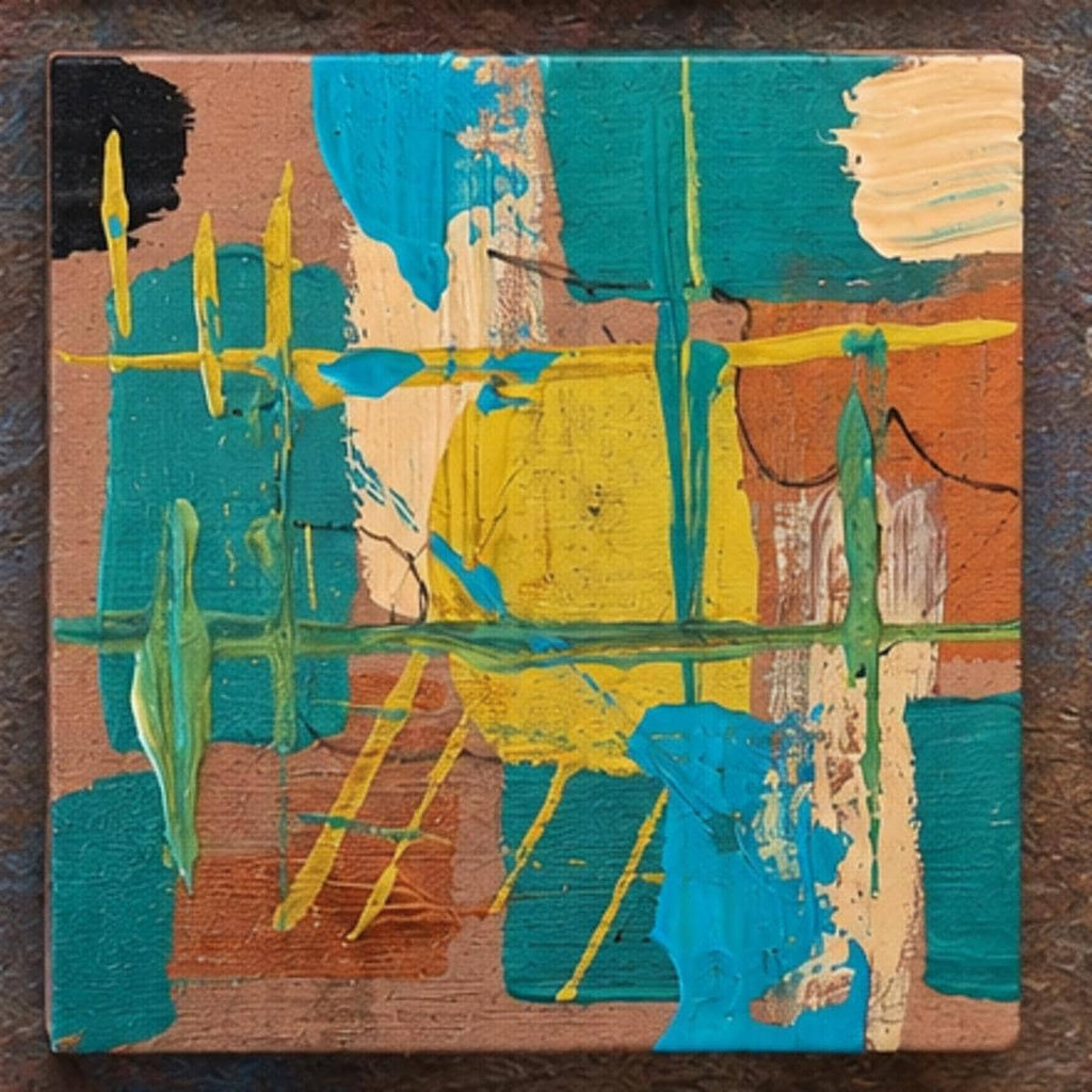 Individual Copper Horizon 4×4 wood panel with turquoise, yellow, copper and cream geometric brushwork