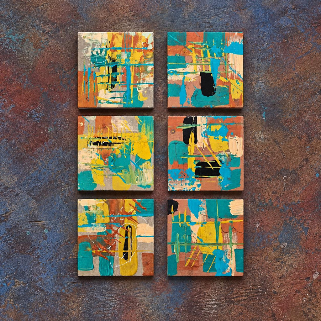 Six Copper Horizon 4×4 abstract wood panels arranged in three rows of two on a textured background