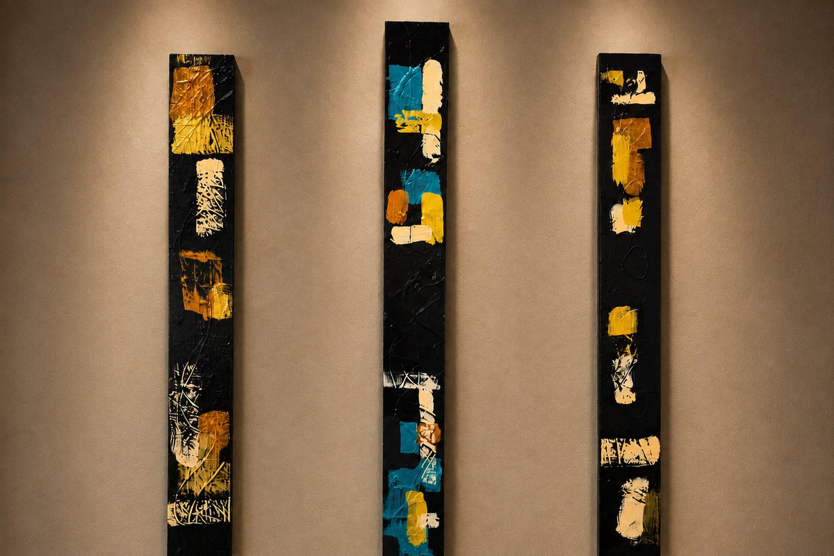 Set of Three 36″ Abstract Wood Wall Panels — Black, Teal, Copper & Gold